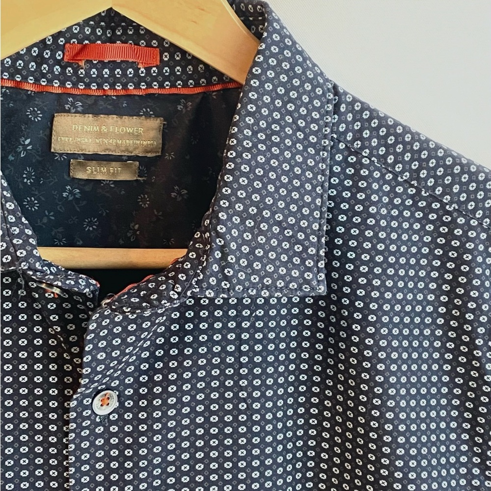 Denim & Flower Slim Fit Blue & White | Modern Pattern | Men’s Button Down Shirt